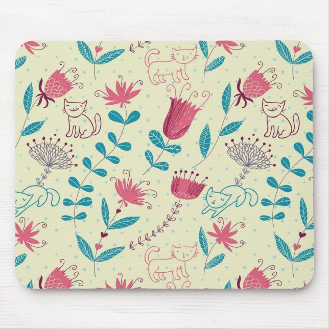 Floral pattern with cartoon cats mouse mat (Front)