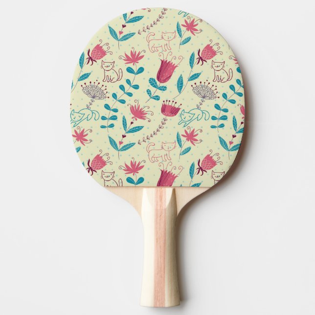 Floral pattern with cartoon cats ping pong paddle (Front)