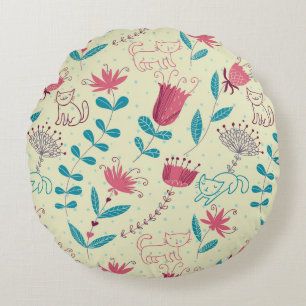 Floral pattern with cartoon cats round cushion