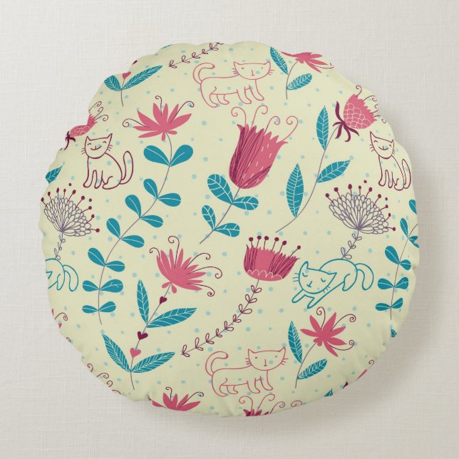 Floral pattern with cartoon cats round cushion (Front)
