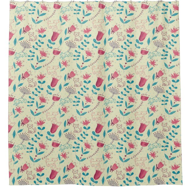 Floral pattern with cartoon cats shower curtain (Front)