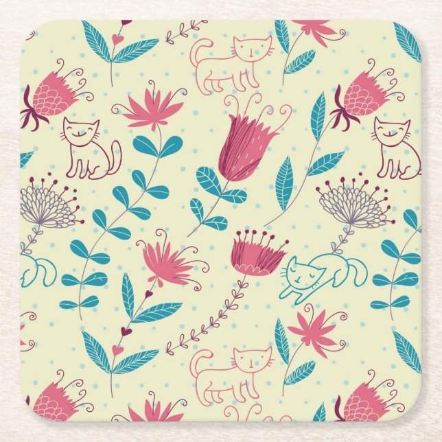Floral pattern with cartoon cats square paper coaster (Front)