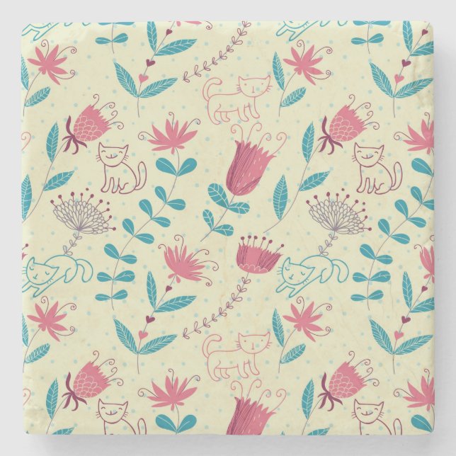 Floral pattern with cartoon cats stone coaster (Front)