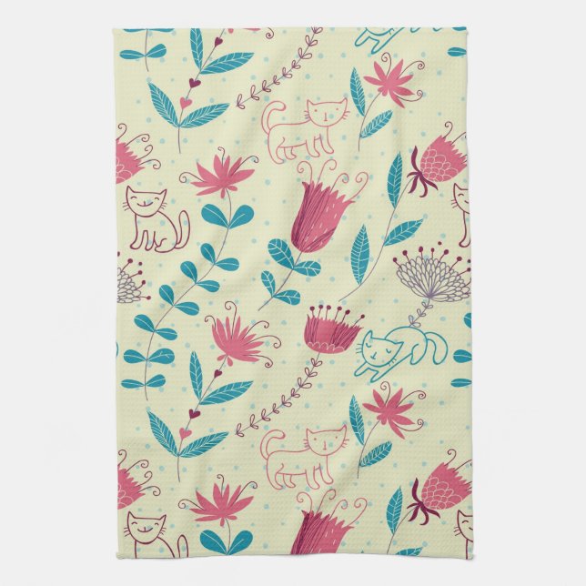 Floral pattern with cartoon cats tea towel (Vertical)
