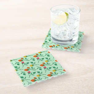 Floral pattern with colored rose flowers glass coaster