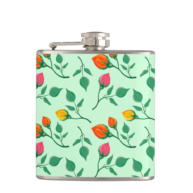 Floral pattern with colored rose flowers  hip flask (Front)