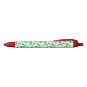 Floral pattern with coloured rose flowers black ink pen