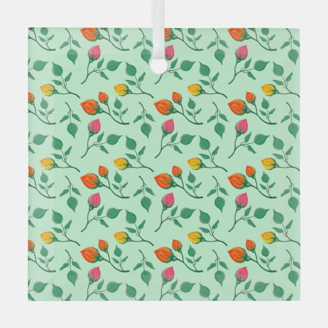Floral pattern with coloured rose flowers   glass tree decoration (Front)