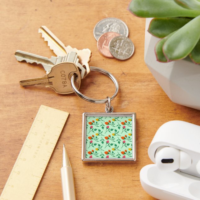 Floral pattern with coloured rose flowers key ring (Desk)
