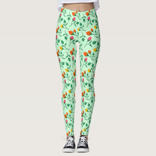 Floral pattern with coloured rose flowers leggings (Front)