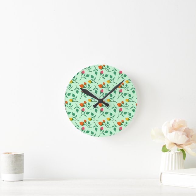 Floral pattern with coloured rose flowers  round clock (Home)