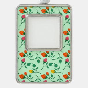 Floral pattern with coloured rose flowers silver plated framed ornament