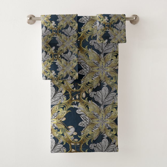 Floral Pattern with Gold Elements Blue Background Bath Towel Set (Insitu)