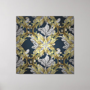 Floral Pattern with Gold Elements Blue Background Canvas Print