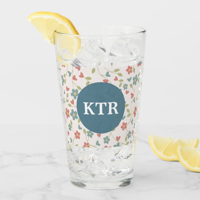 Floral Pattern with Monogram Glass Tumbler (Front Ice)