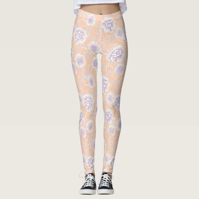 Floral Pattern with Peach and Lavender Colors Leggings (Front)