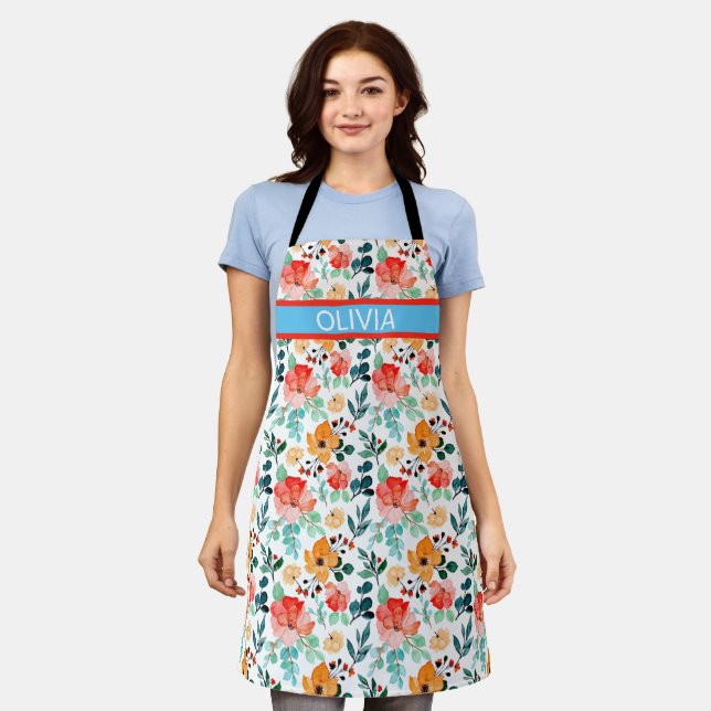 Floral Pattern with Personalise name Apron (Worn)