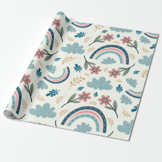 Floral pattern with rainbow and cloud shapes  wrapping paper