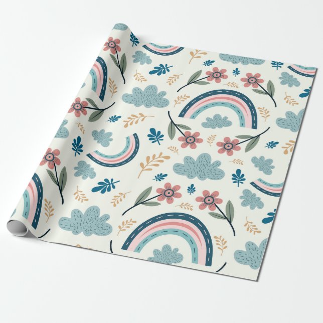 Floral pattern with rainbow and cloud shapes  wrapping paper (Unrolled)