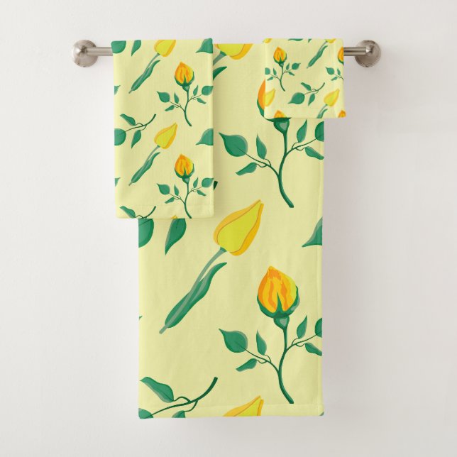 Floral pattern with yellow rose and tulip flowers bath towel set (Insitu)