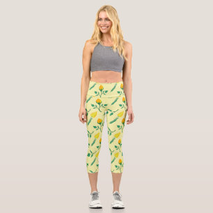 Floral pattern with yellow rose and tulip flowers capri leggings