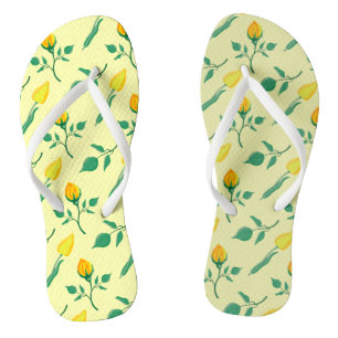 Floral pattern with yellow rose and tulip flowers flip flops