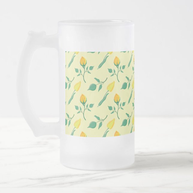 Floral pattern with yellow rose and tulip flowers frosted glass beer mug (Left)