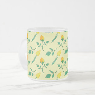 Floral pattern with yellow rose and tulip flowers frosted glass coffee mug