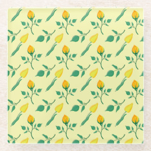 Floral pattern with yellow rose and tulip flowers glass coaster