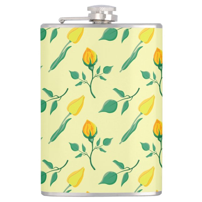 Floral pattern with yellow rose and tulip flowers hip flask (Front)