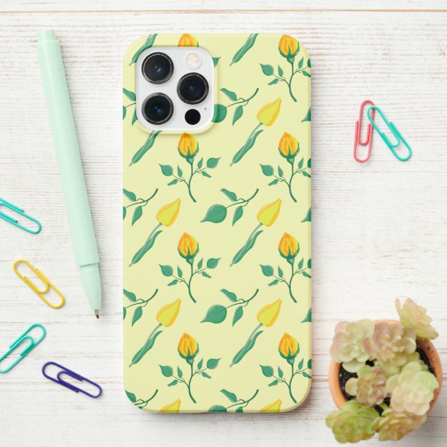 Floral pattern with yellow rose and tulip flowers iPhone case (On Desk)