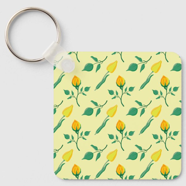 Floral pattern with yellow rose and tulip flowers key ring (Front)