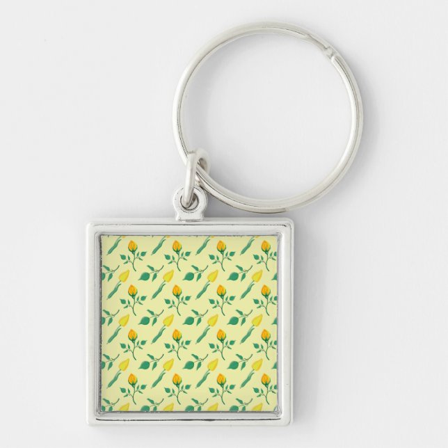 Floral pattern with yellow rose and tulip flowers key ring (Front)