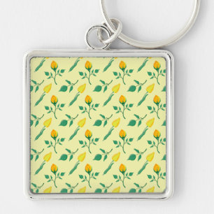 Floral pattern with yellow rose and tulip flowers key ring
