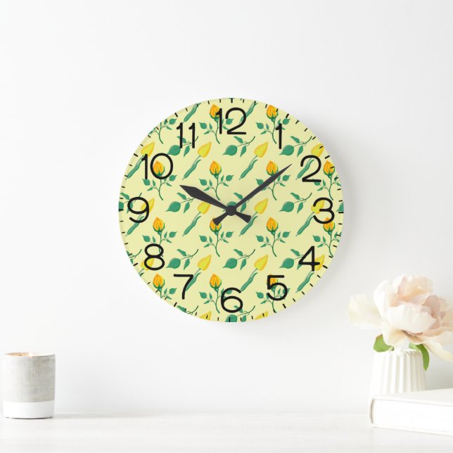 Floral pattern with yellow rose and tulip flowers large clock (Home)
