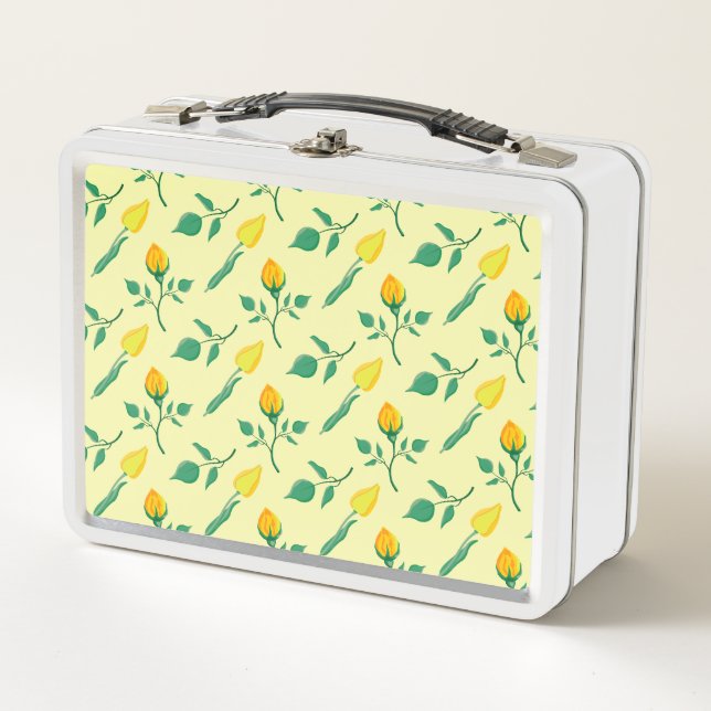 Floral pattern with yellow rose and tulip flowers metal lunch box (Front)