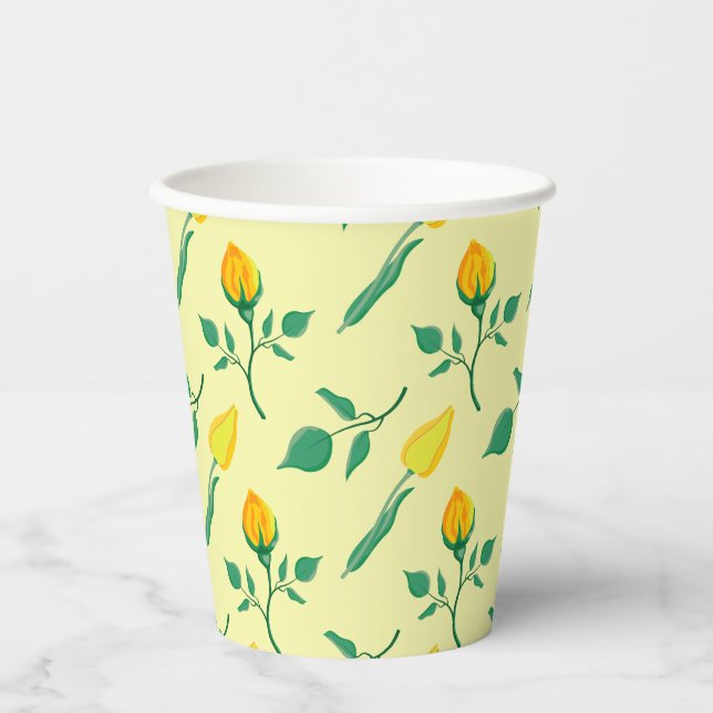 Floral pattern with yellow rose and tulip flowers paper cups (Front)