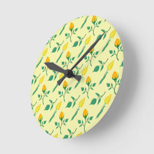 Floral pattern with yellow rose and tulip flowers round clock
