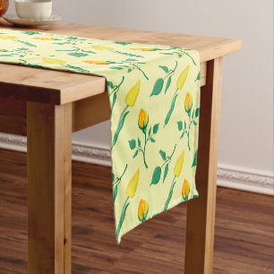 Floral pattern with yellow rose and tulip flowers short table runner