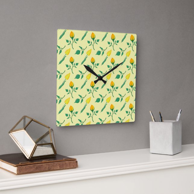 Floral pattern with yellow rose and tulip flowers square wall clock (Office)