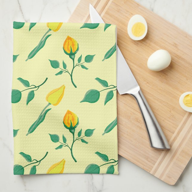 Floral pattern with yellow rose and tulip flowers tea towel (Quarter Fold)
