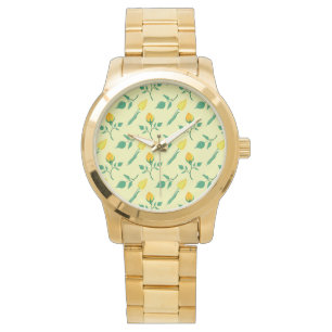 Floral pattern with yellow rose and tulip flowers watch