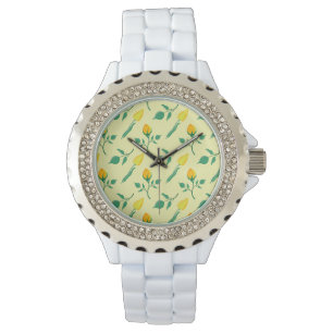 Floral pattern with yellow rose and tulip flowers watch