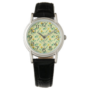 Floral pattern with yellow rose and tulip flowers watch