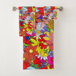 Floral Pattern Yellow Blue Purple Green Red Bath Towel Set