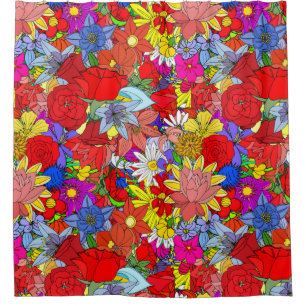 Floral Pattern Yellow Blue Purple Green Red Shower Curtain