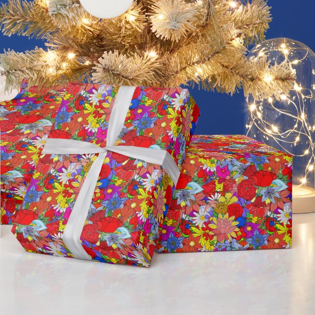 Floral Pattern Yellow Blue Purple Green Red  Wrapping Paper (Holidays)