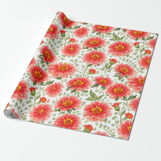 Floral Pattern Zinnia Flowers Wrapping Paper (Unrolled)