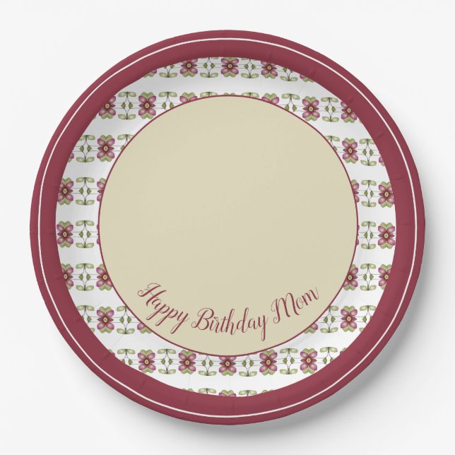 Floral Patterned In Burgundy And Cream Paper Plate (Front)