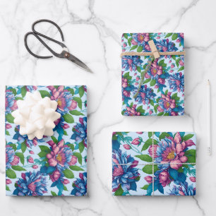 floral patterns: blue/pink dahlias wrapping paper sheet
